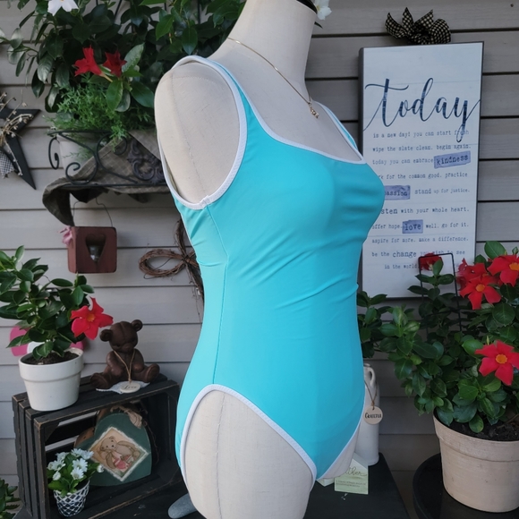 LA BLANCA ♡ Gorgeous Vintage 1pc Aqua Blue 'n White Trim Bralette Swimsuit 8 - Picture 10 of 15